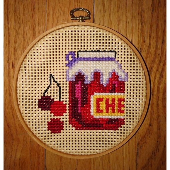 Vintage Needlepoint Hoop Art Cherries on Woven Rattan wood frame farmhouse decor - Picture 9 of 11